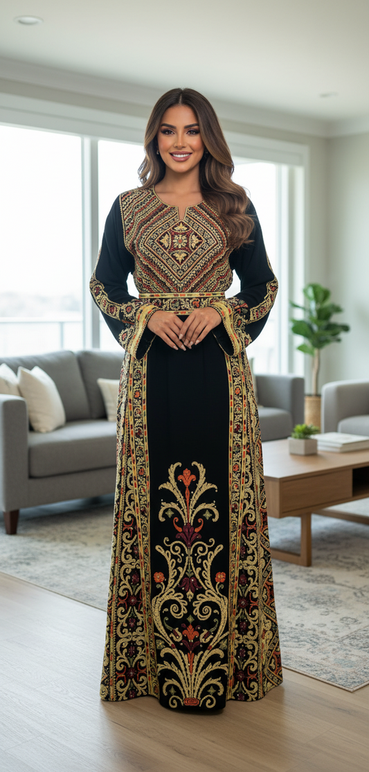 Black fabric thobe with gold