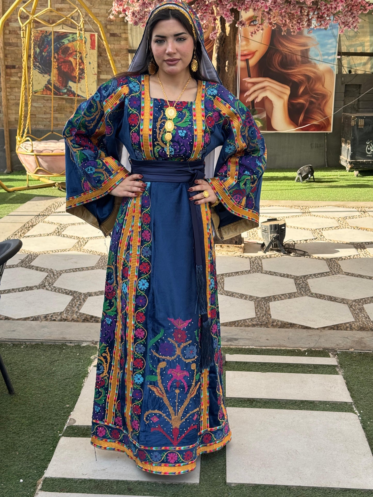Navy blue silk velvet thobe