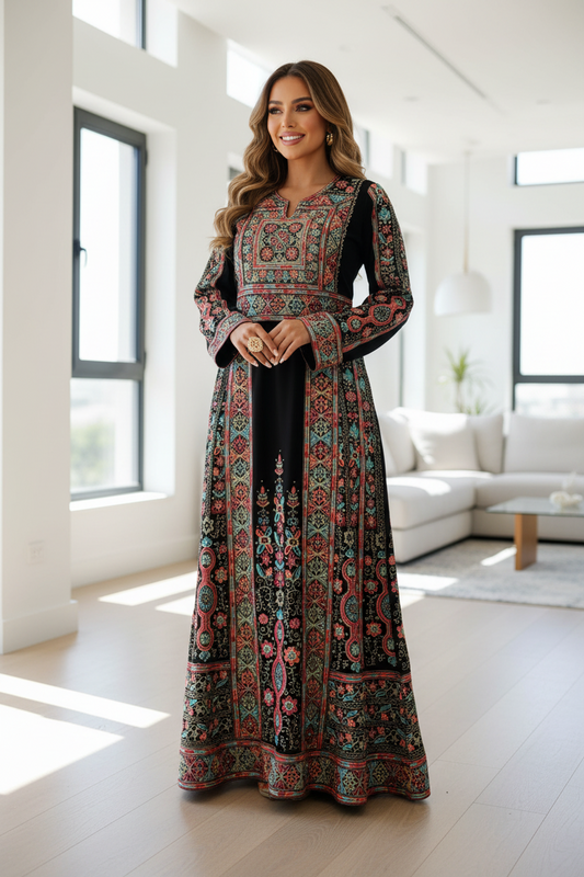 Black thobe with blue and peach embroidery. Matching belt included