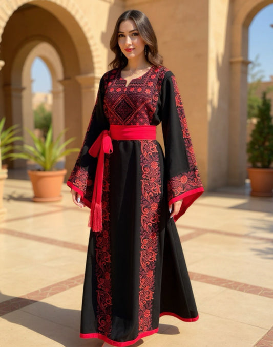 Elegant black and red thobe with matching satin belt