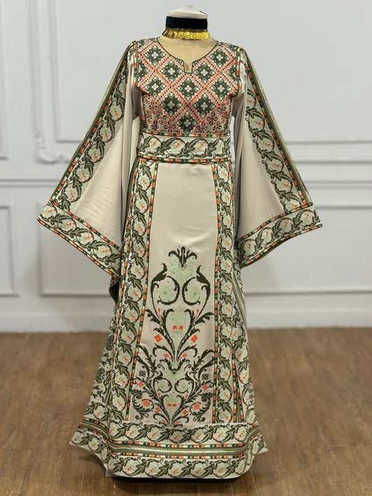 Beige thobe with olive green embroidery