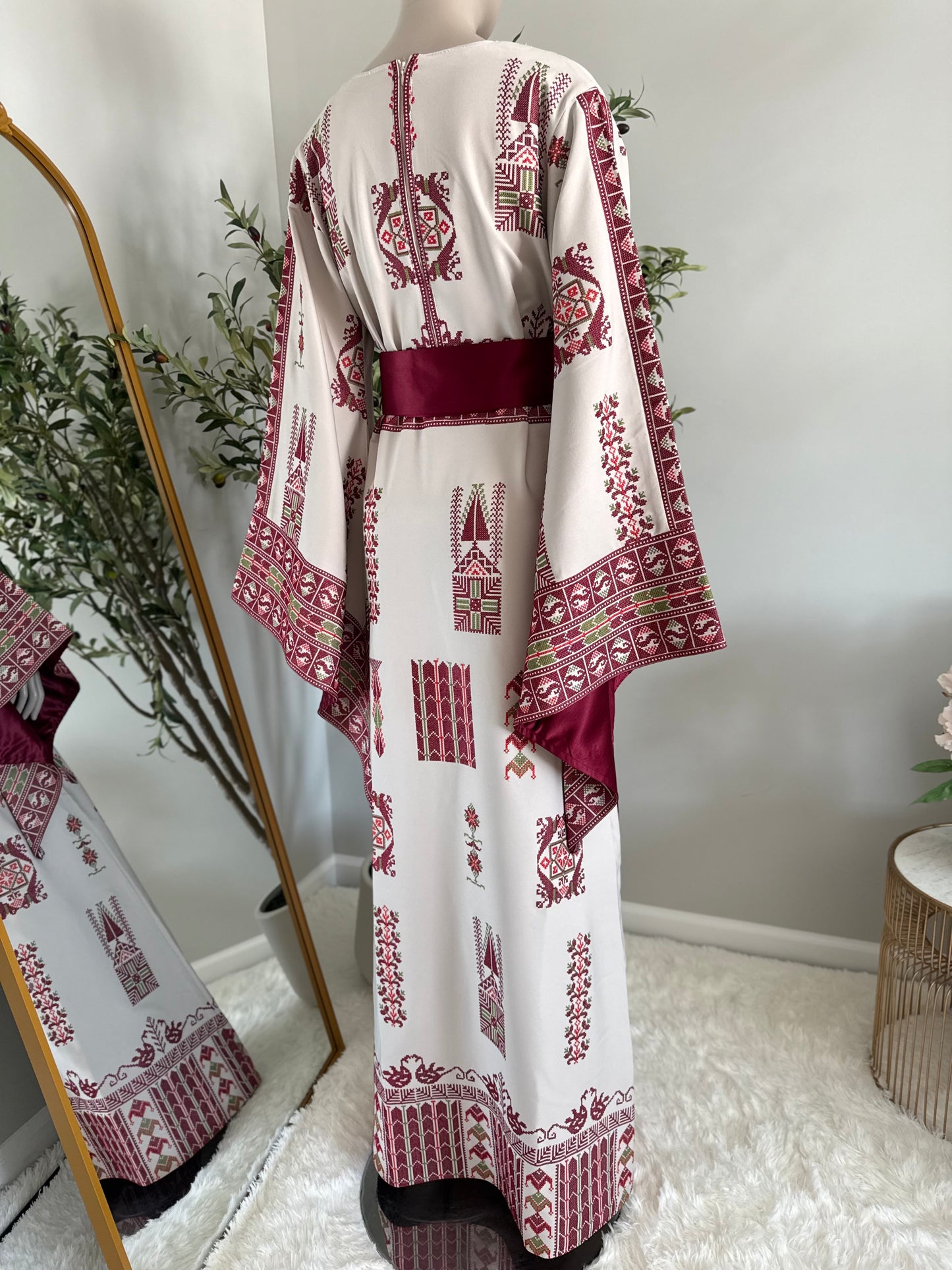Elegant Cream And Burgundy Embroidered Dress/Thobe