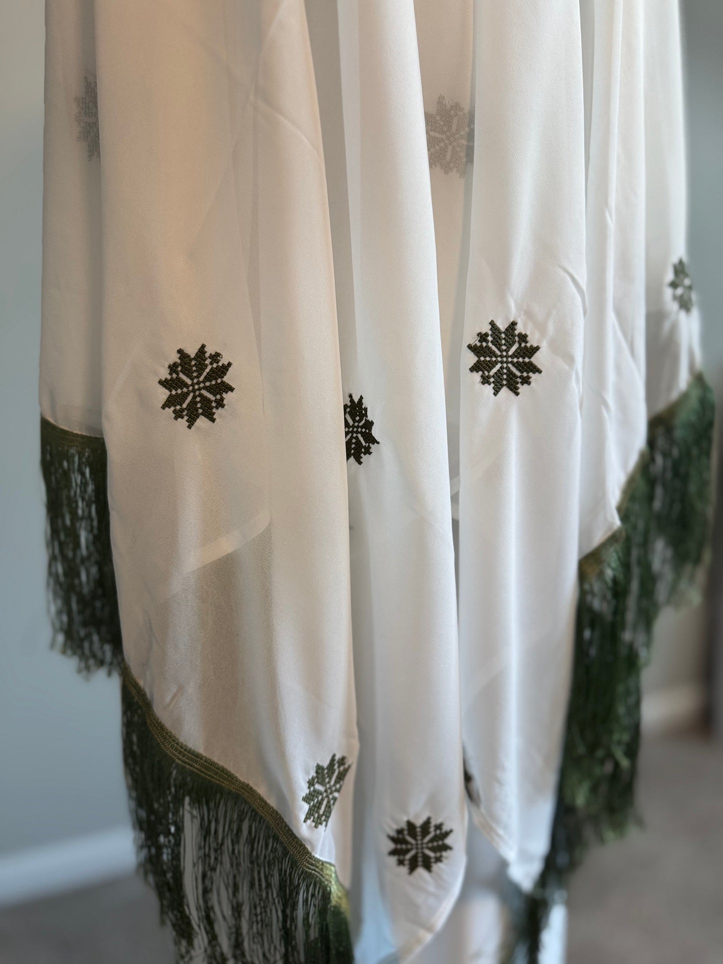 White headscarf with olive green embroidery
