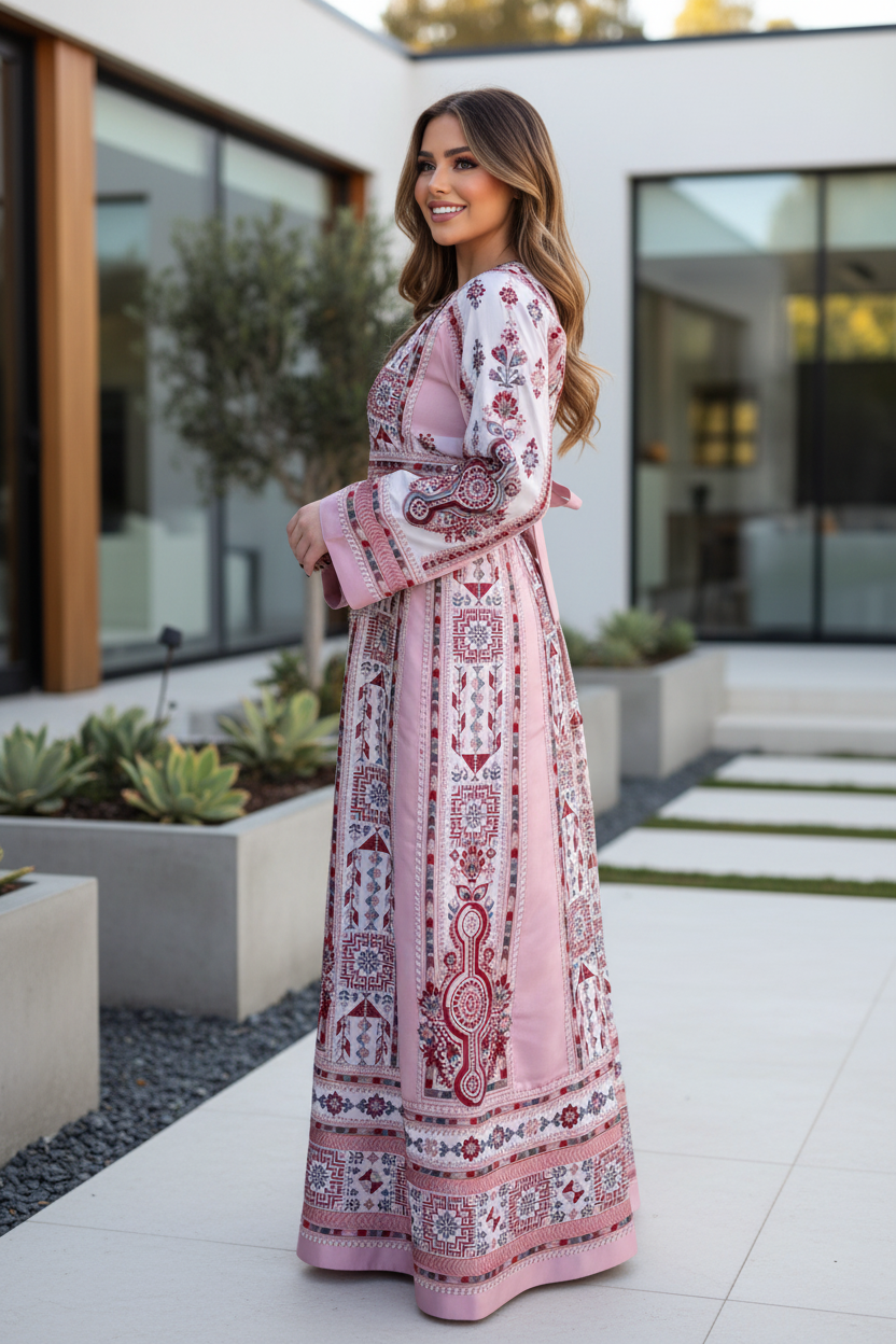 Soft pink and white embroidered thobe