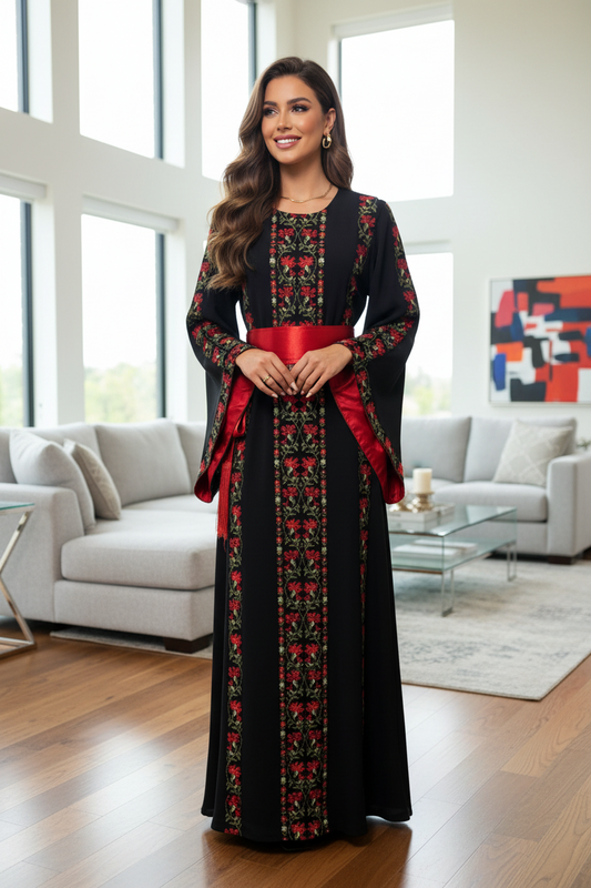A beautiful black and red dress with fashionable sleeves.