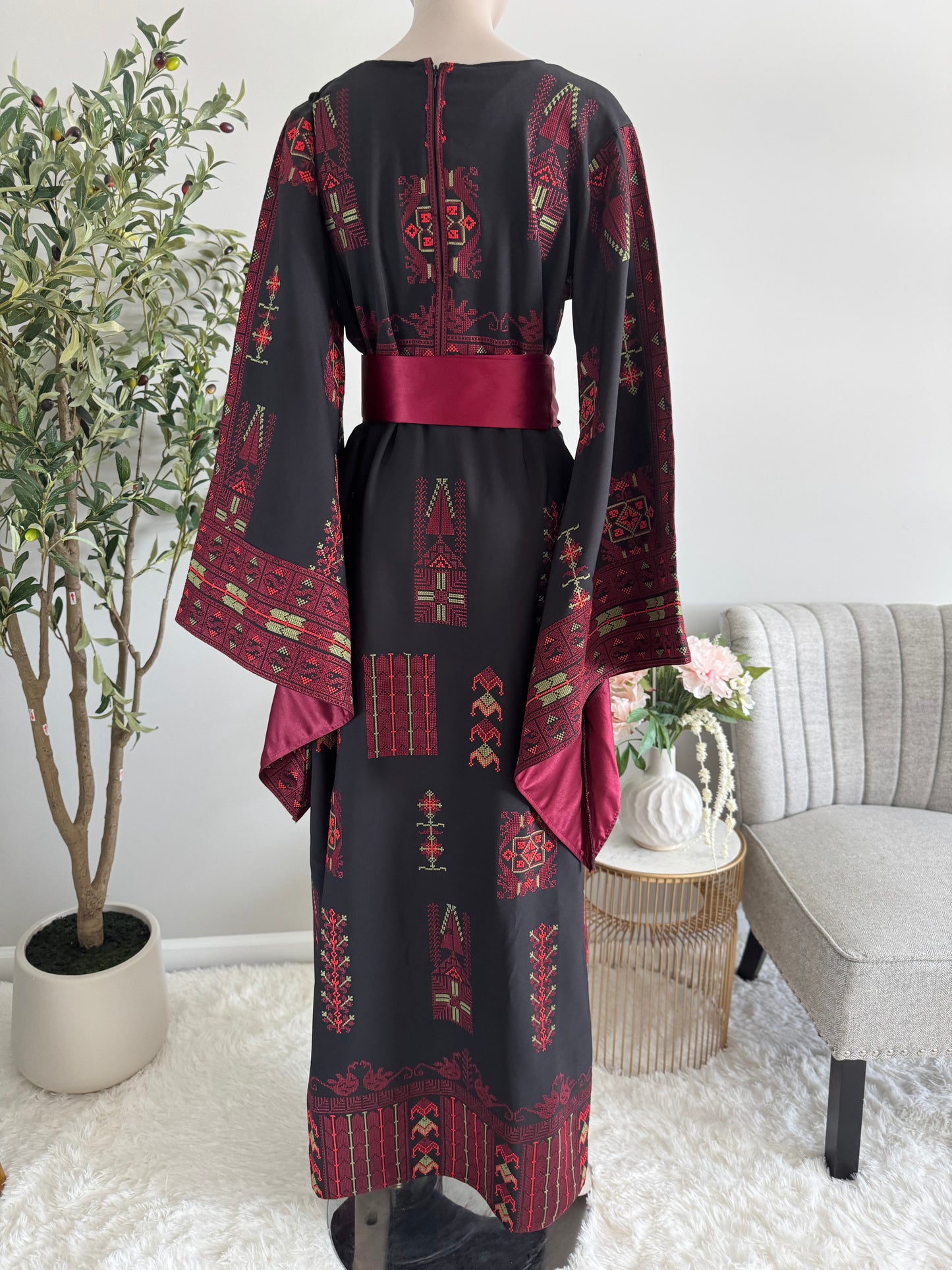Elegant Black And Burgundy Embroidered Dress/Thobe