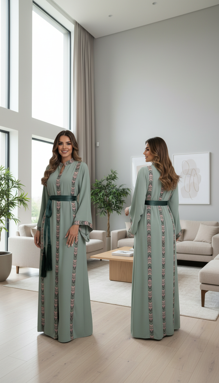 Mint fabric dress with embroidery and satin belt.