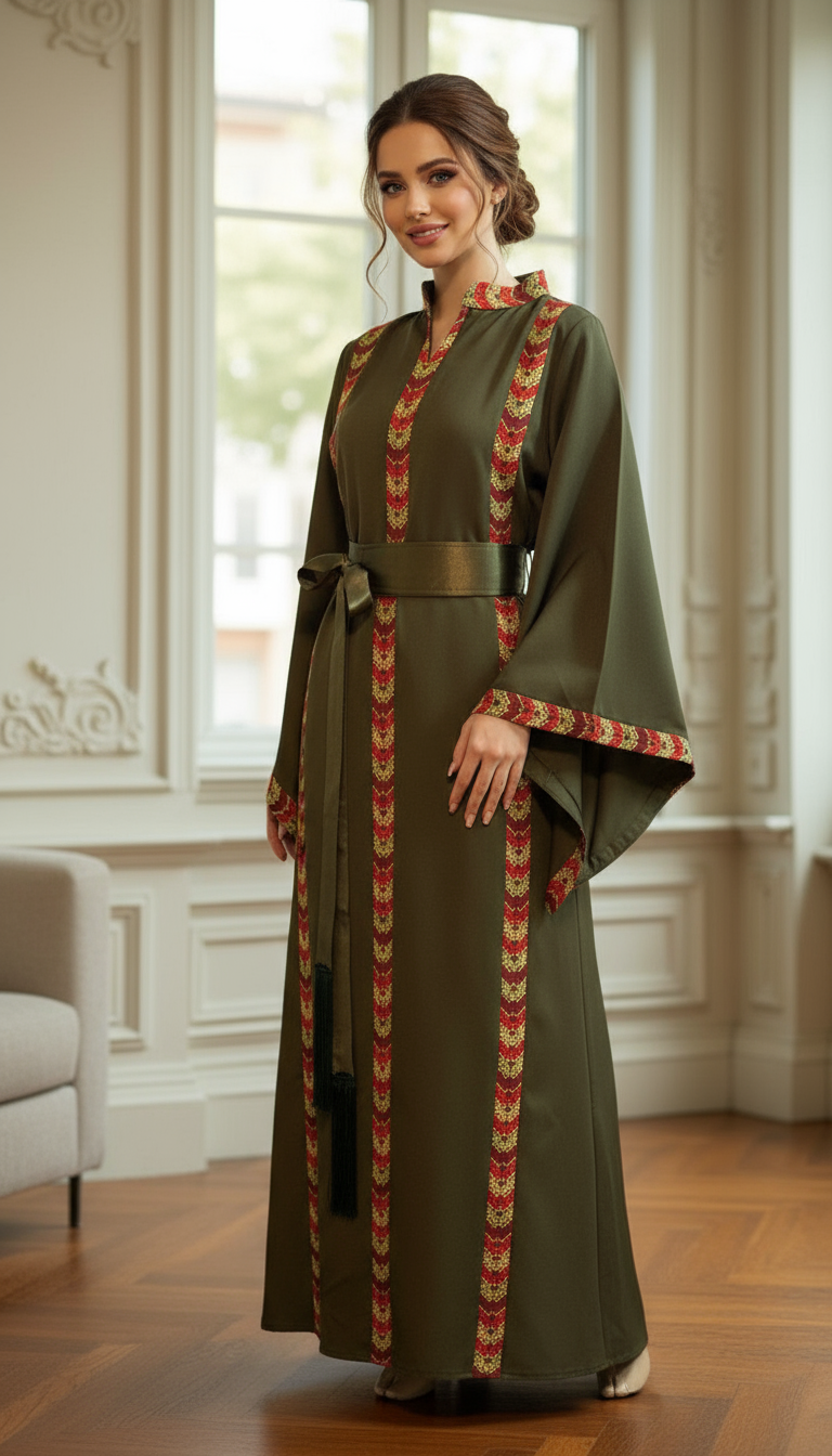 Olive green embroidered dress with satin belt