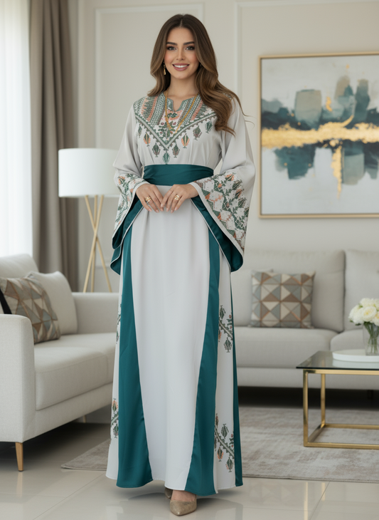 Beige thobe and green fabric