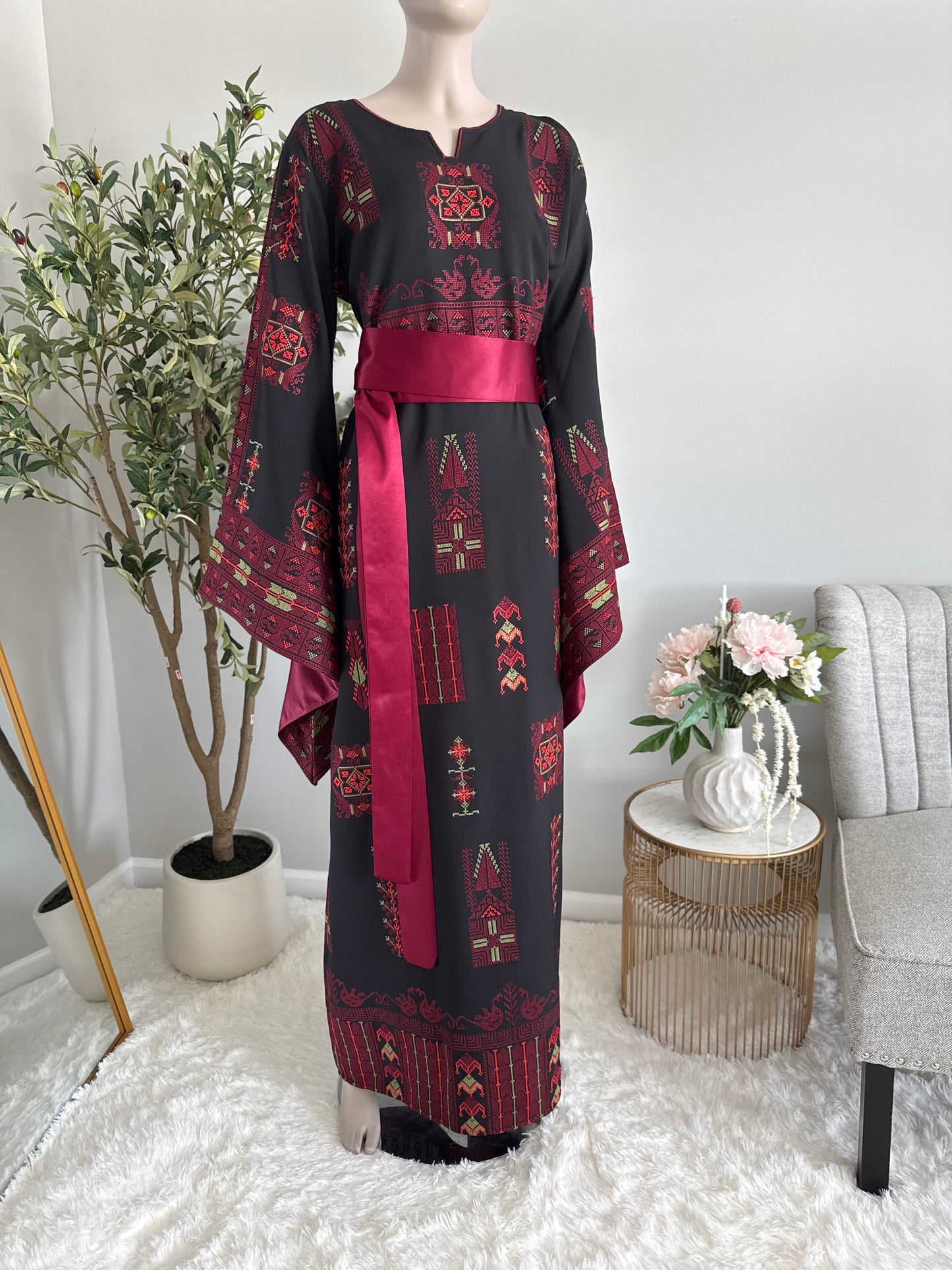 Elegant Black And Burgundy Embroidered Dress/Thobe