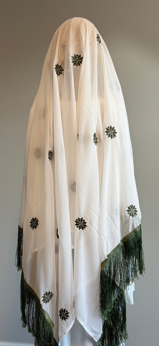 White headscarf with olive green embroidery