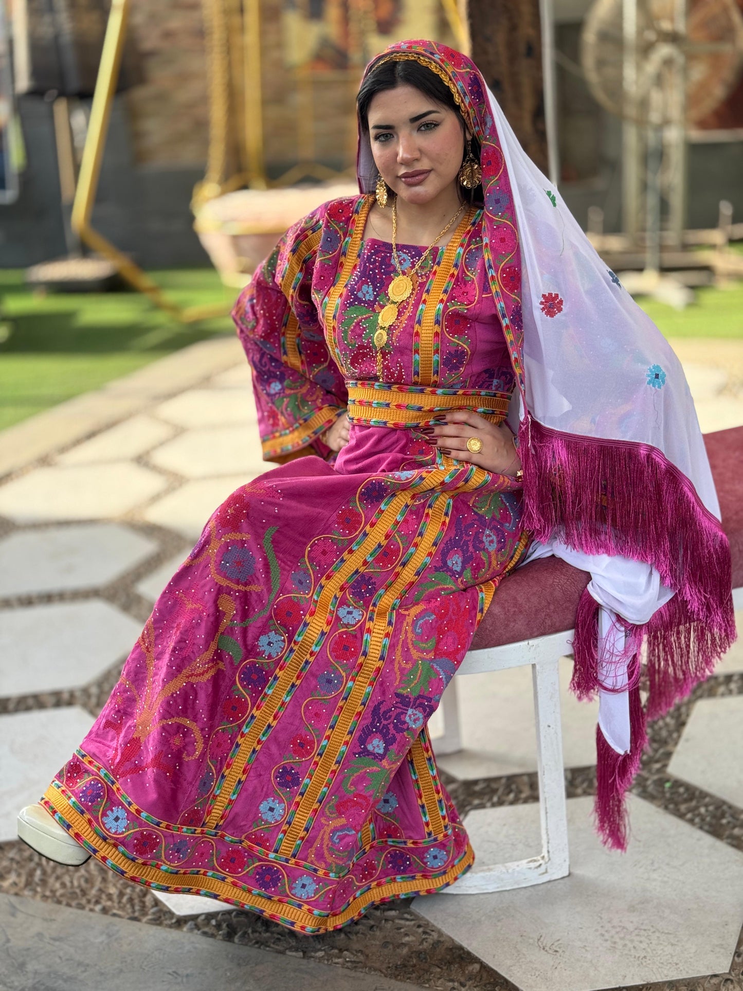 Fuchsia silk velvet thobe