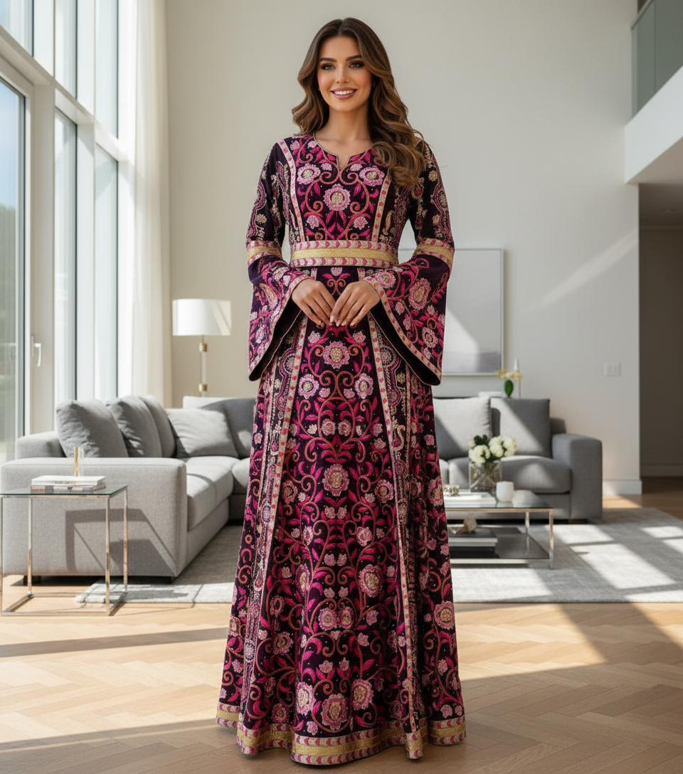 Dark Purple fabric thobe with pink  embroider