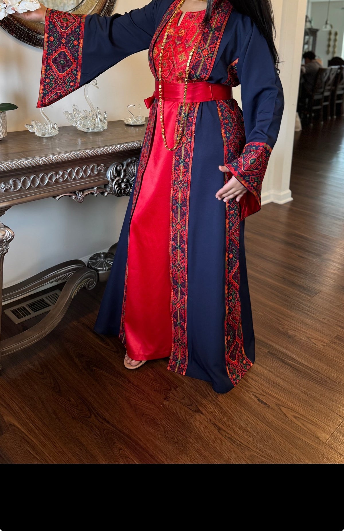 Navy blue and red two-piece open a buy out with belt