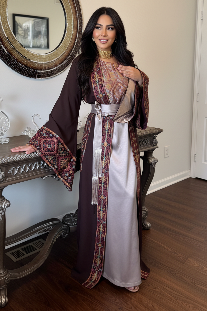 Brown and beige embroidered two-piece abaya with a matching belt.