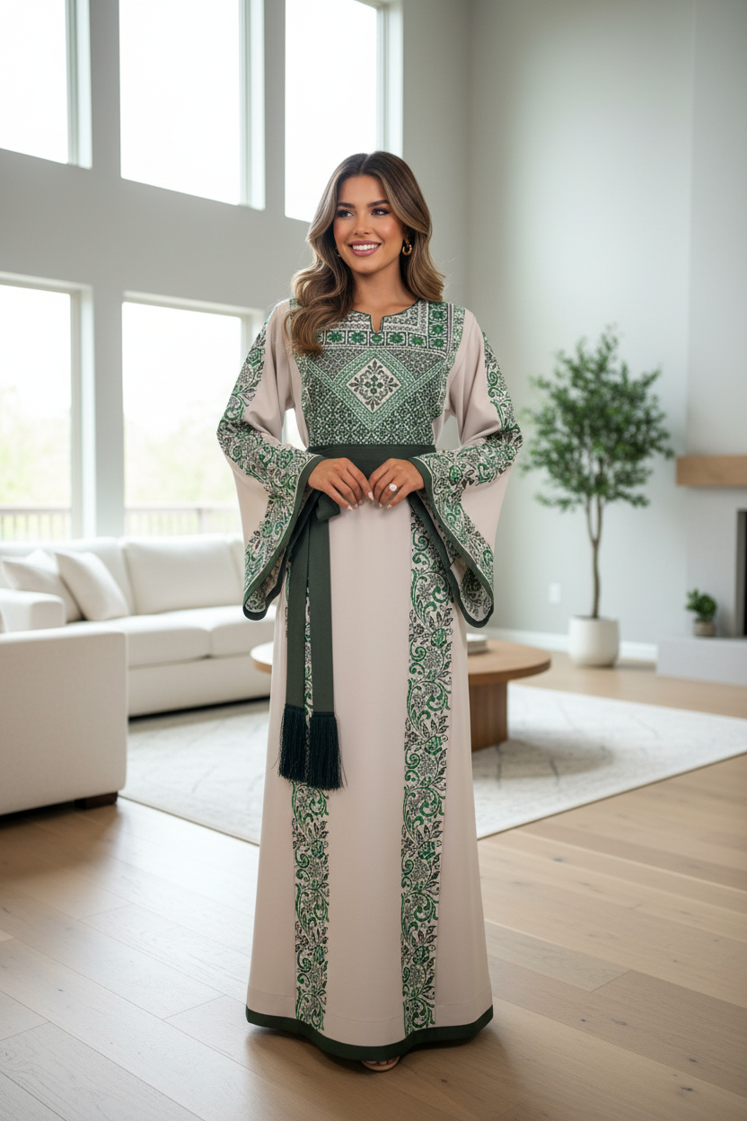 Beige fabric thobe with green  embroidery with matching satin belt .