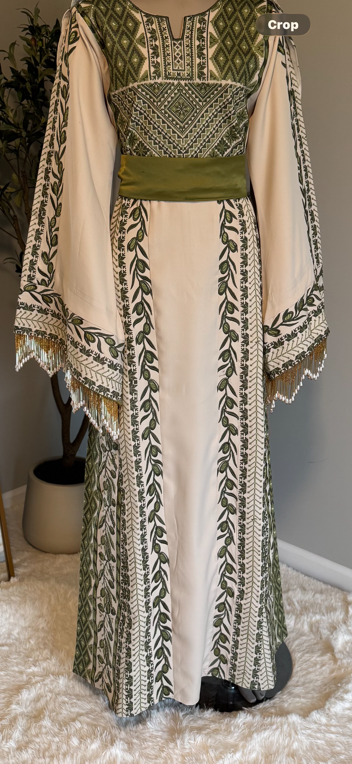 Beige and thobe with olive green embroidery