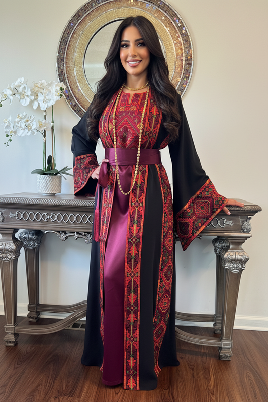 Black and burgundy two-piece abaya with a matching belt.