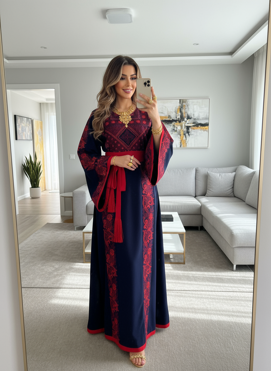 Elegant navy blue thobe and red thobe with matching satin belt