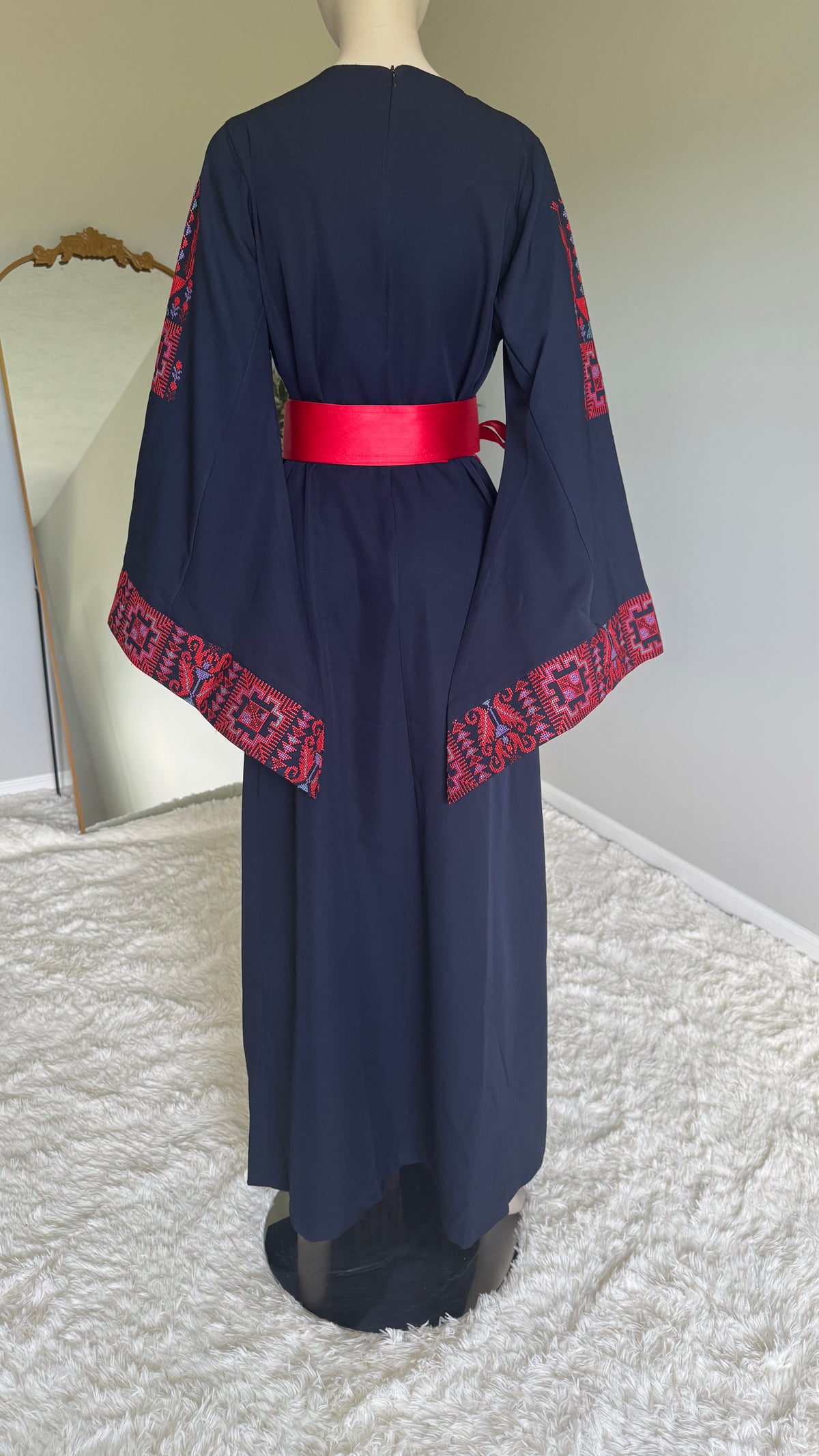 Navy blue embroidered dress with matching belt
