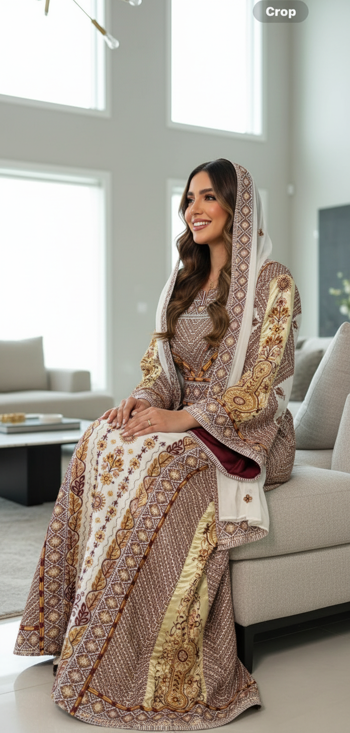 White thobe with burgundy embroidery