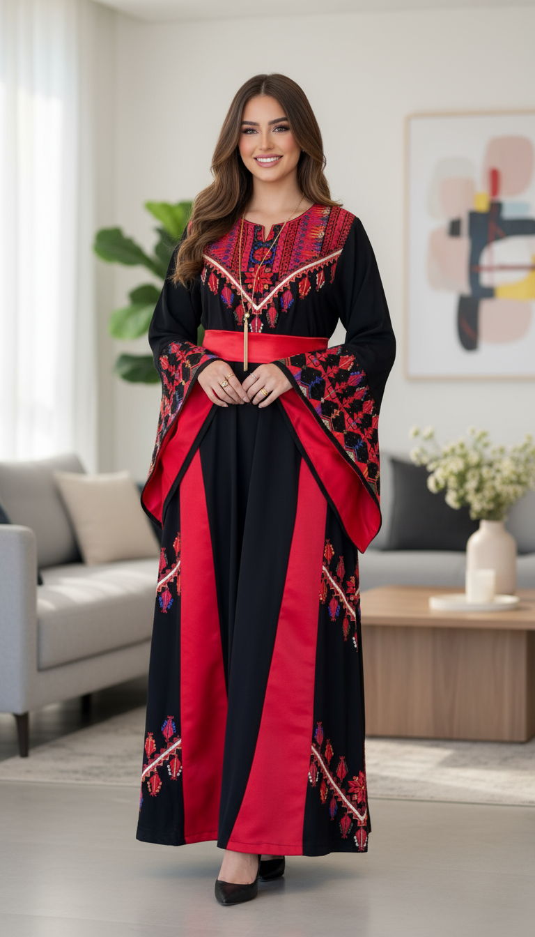 A black and red embroidered thobe with red satin fabric.