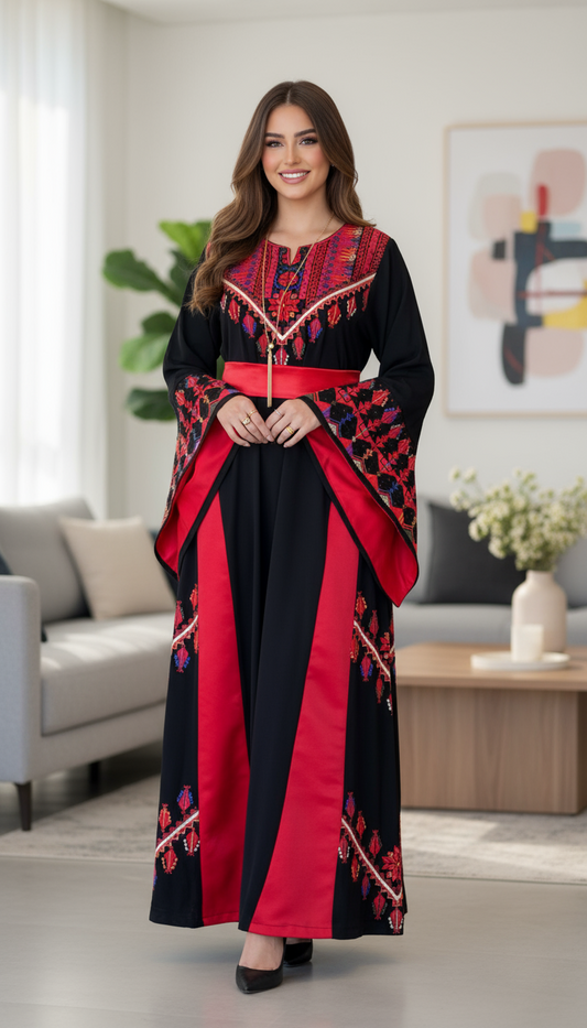 A black and red embroidered thobe with red satin fabric.