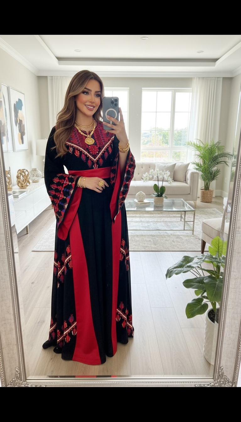 A black and red embroidered thobe with red satin fabric.