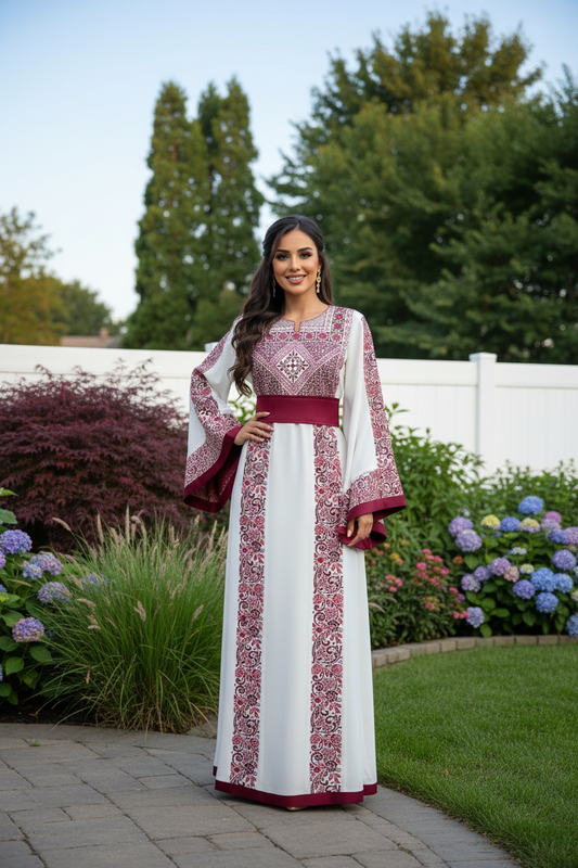 Traditional white, burgundy, and red embroidered thobe