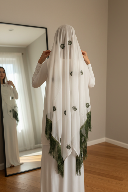 White headscarf with olive green embroidery