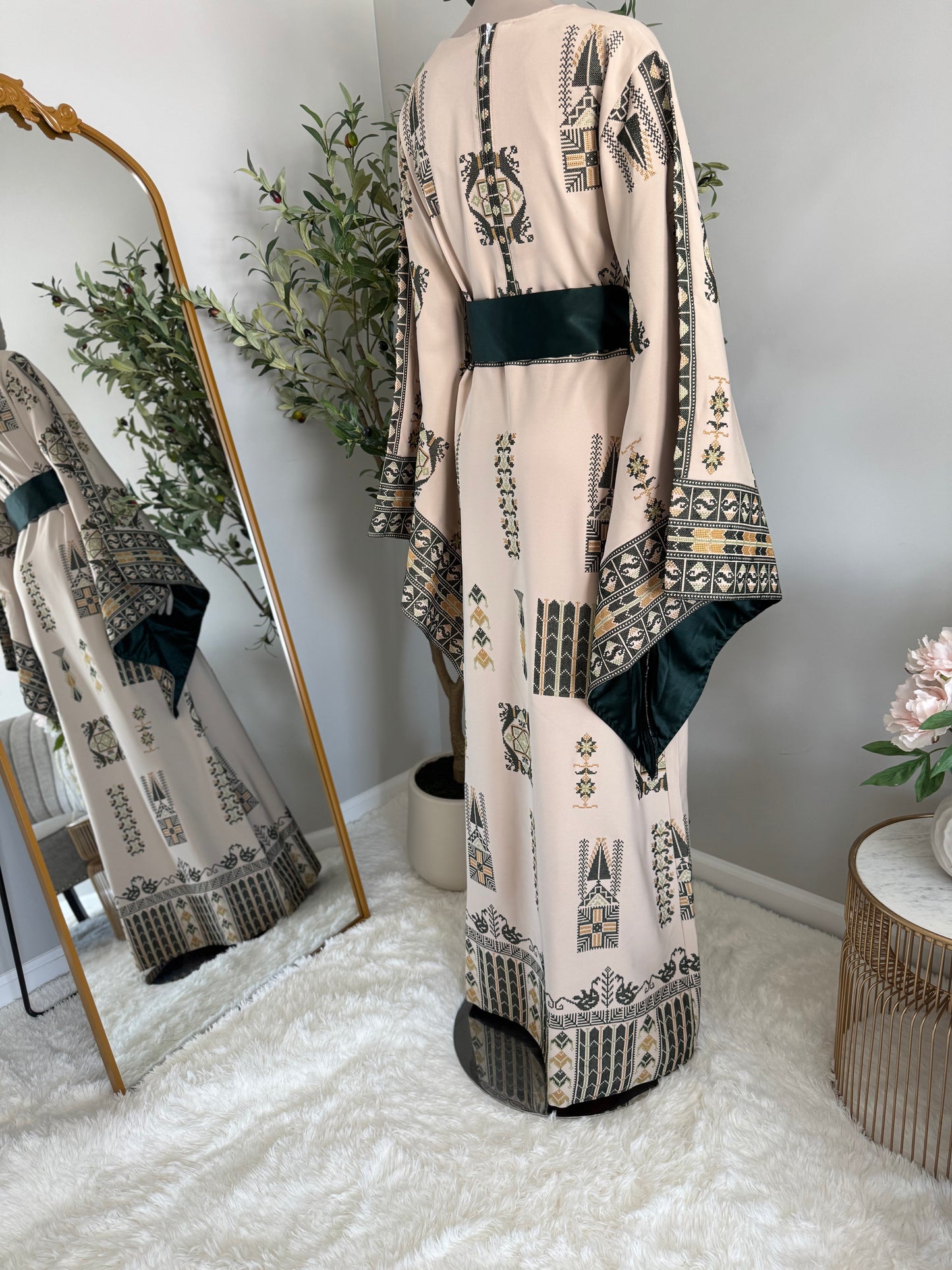 Elegant Cream/ beige And Green Embroidered Dress/Thobe