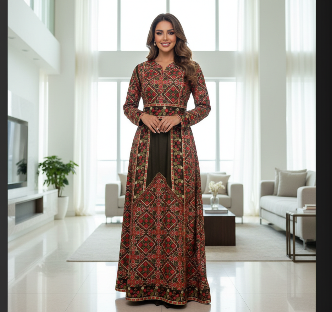 Olive green velvet with beautiful colors embroidery