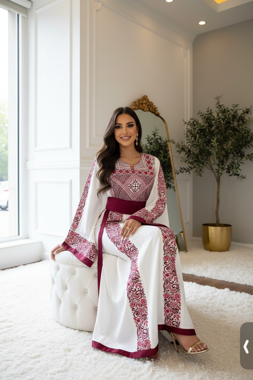 Traditional white, burgundy, and red embroidered thobe