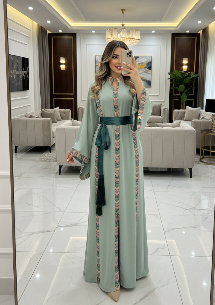 Mint fabric dress with embroidery and satin belt.