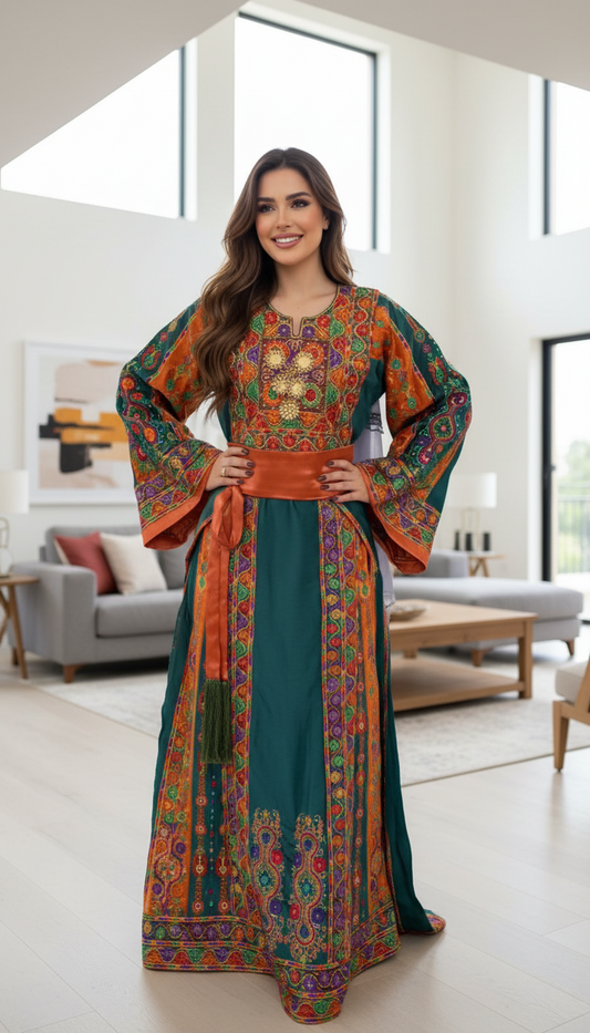 Green and orange slike velvet thobe