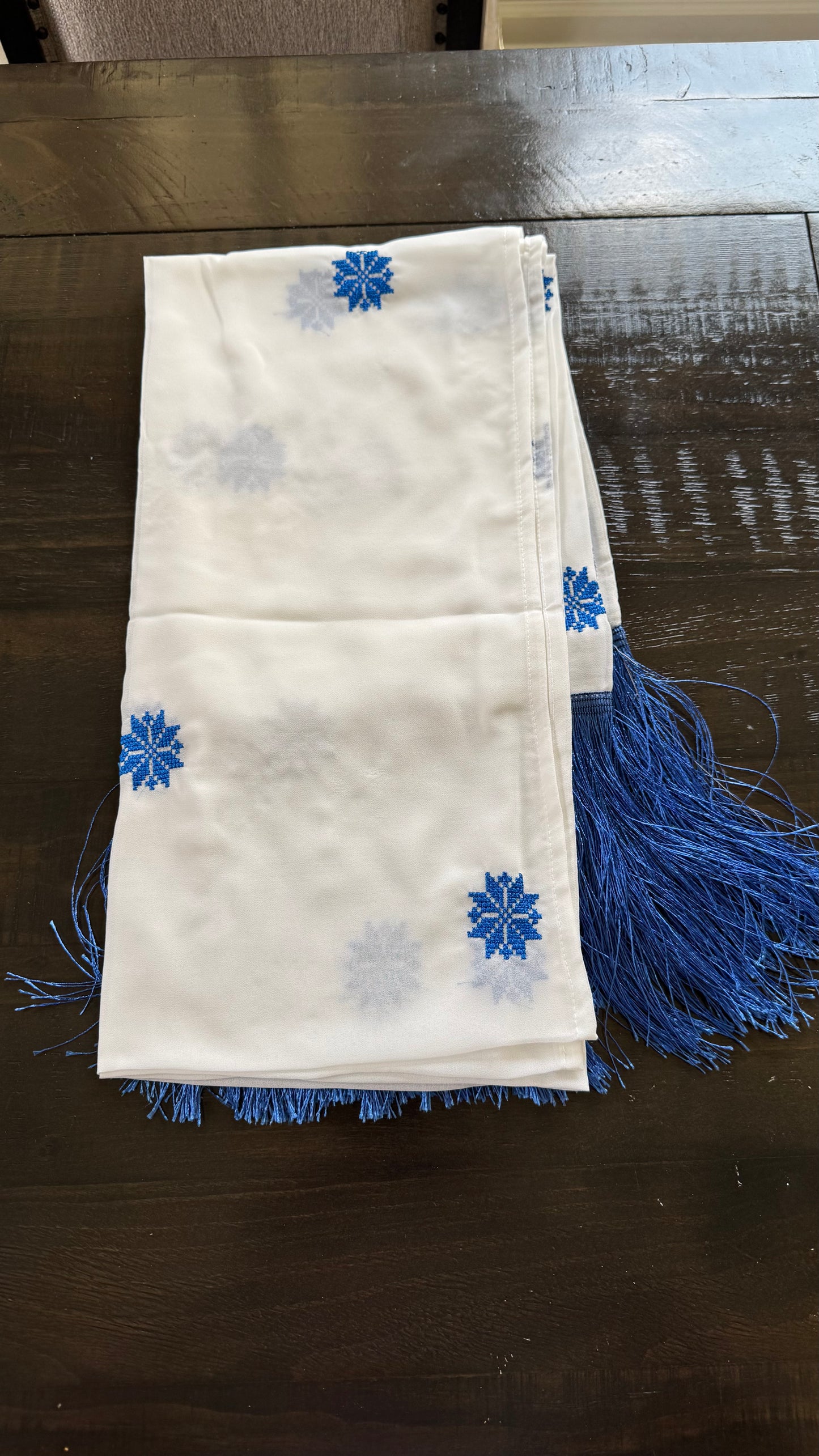 Off-white head scarf with royal blue embroidery
