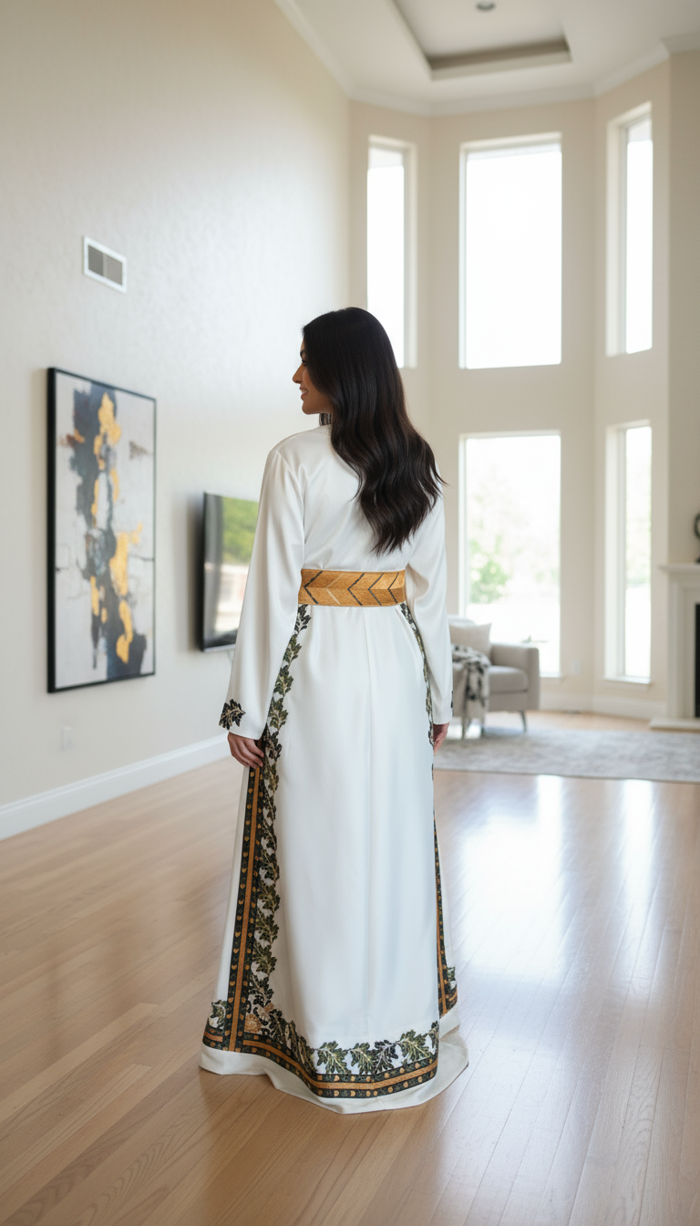 Elegant white dress with green and gold embroidery