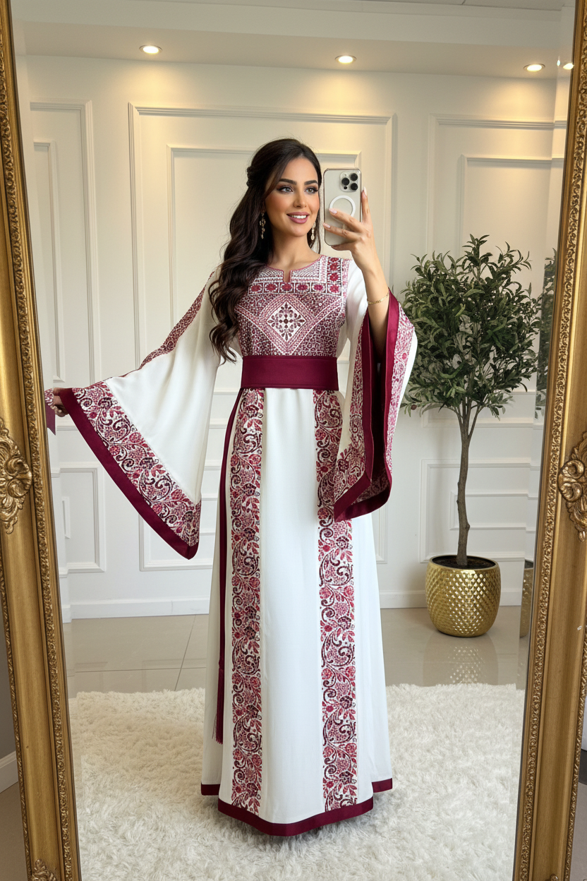 Traditional white, burgundy, and red embroidered thobe