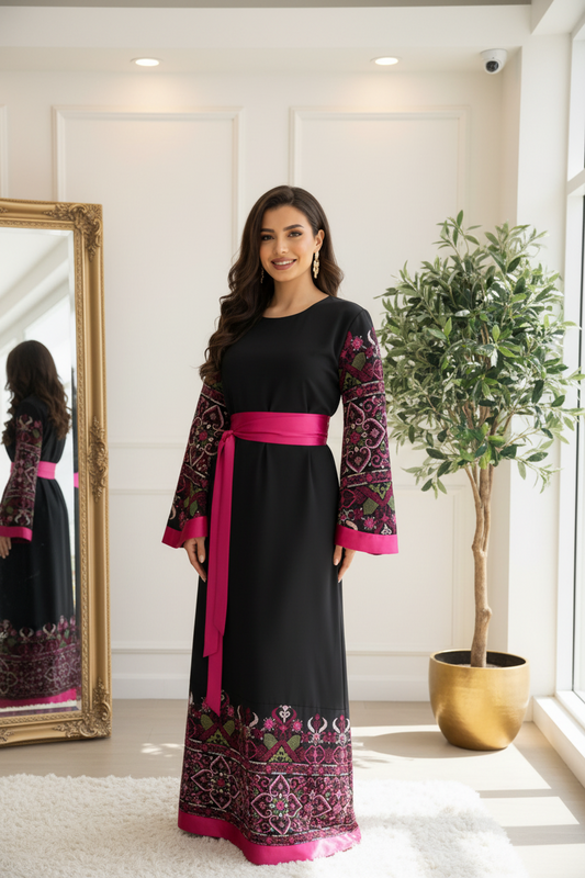 Black and fuchsia embroidered dress