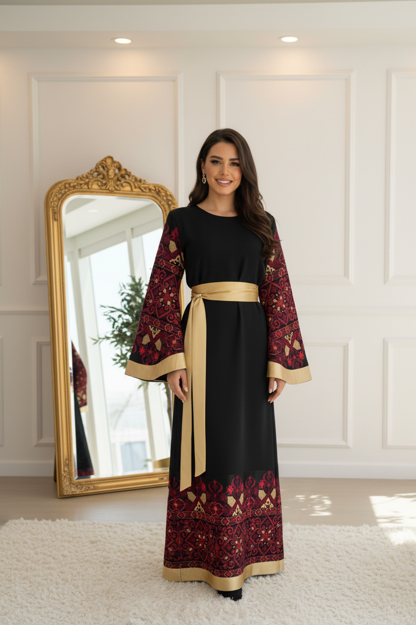 Black and burgundy embroidered dress
