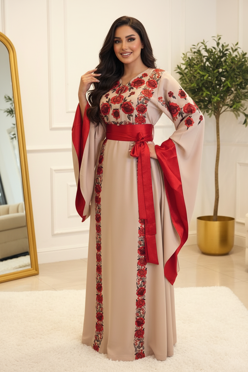Beige Thobe with Red Embroidery