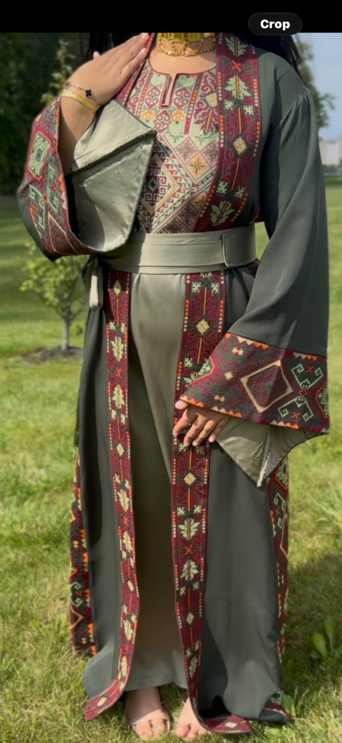 Olive green an sage green open Abaya with matching belt