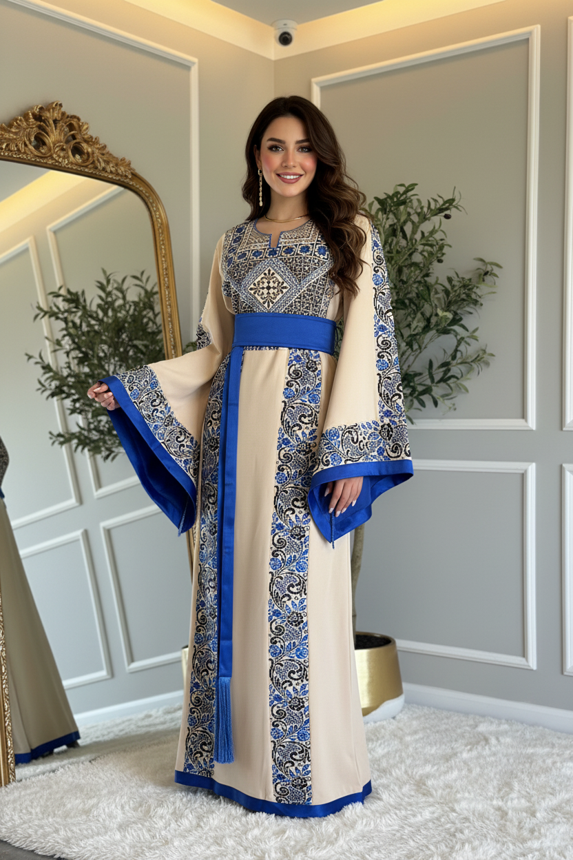 Beige and royal blue and navy thobe