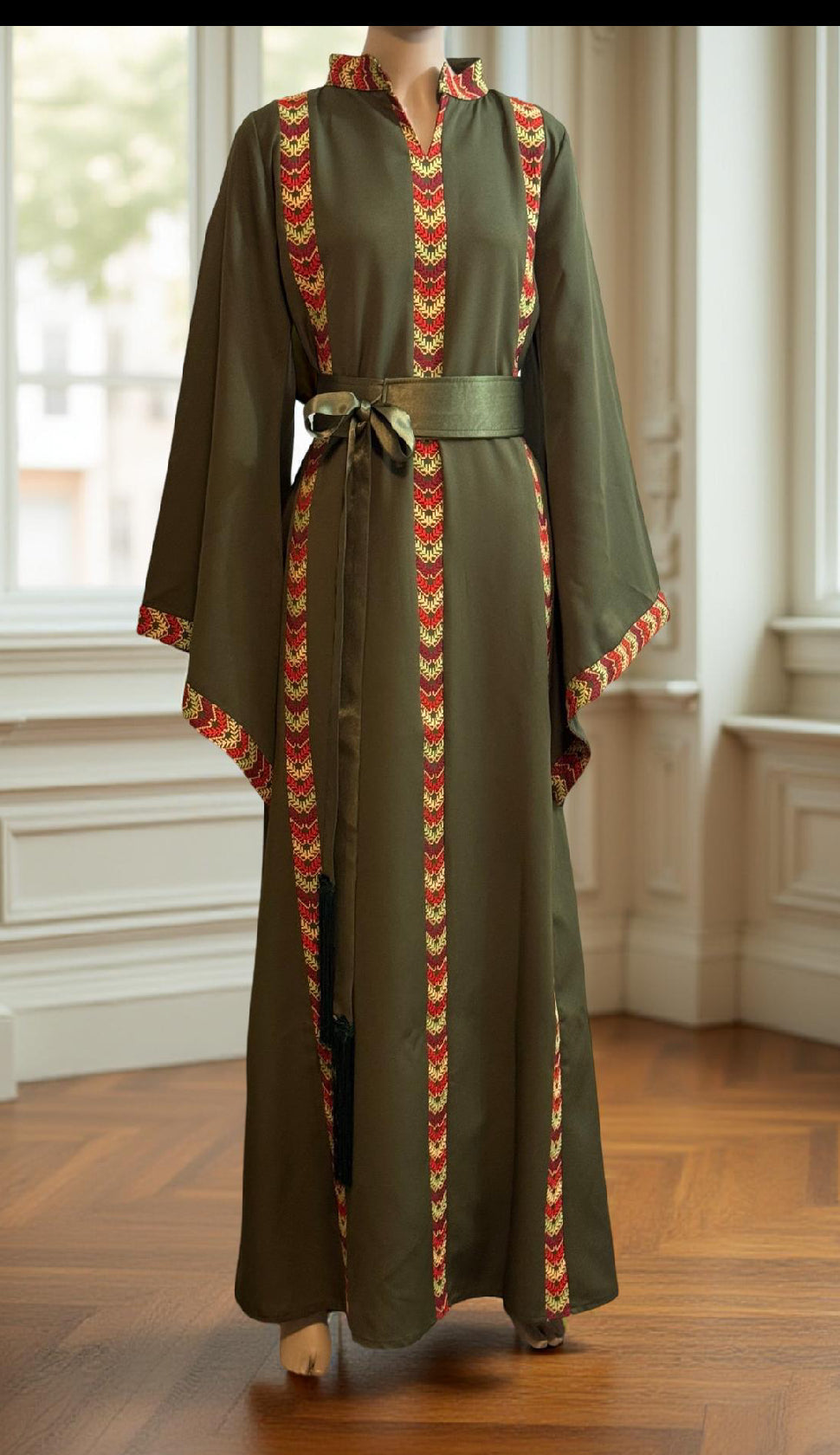 Olive green embroidered dress with satin belt