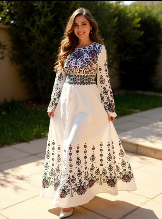 White and green embroidered dress
