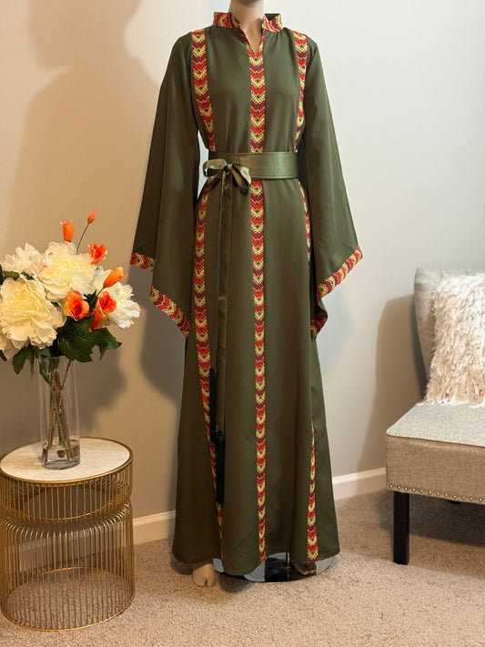 Olive green embroidered dress with satin belt