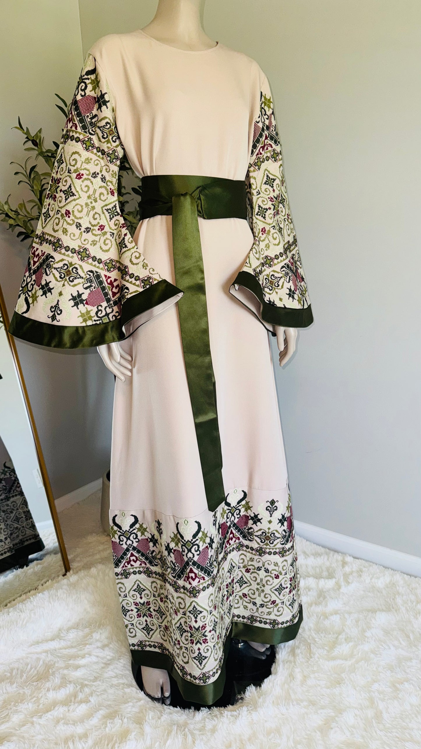 Beige embroidered dress with olive green