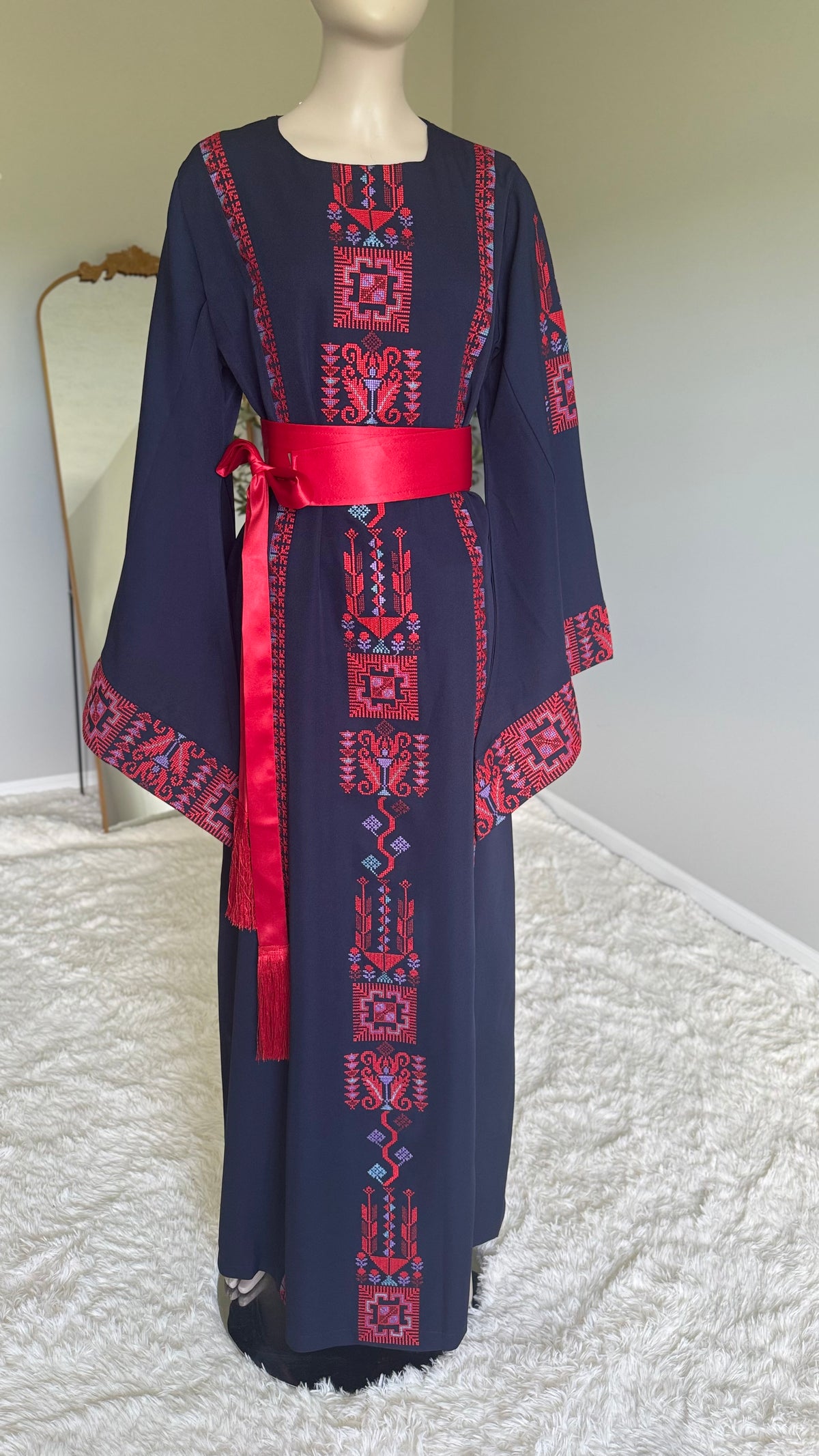 Navy blue embroidered dress with matching belt