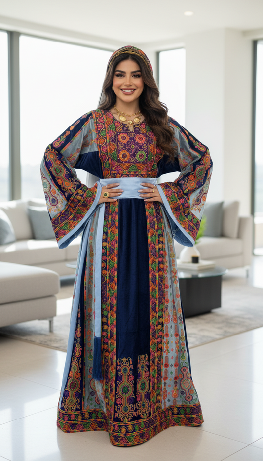 Navy blue and sky blue slike velvet