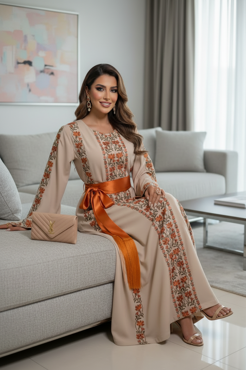 A beautiful beige and orangedress with fashionable sleeves.